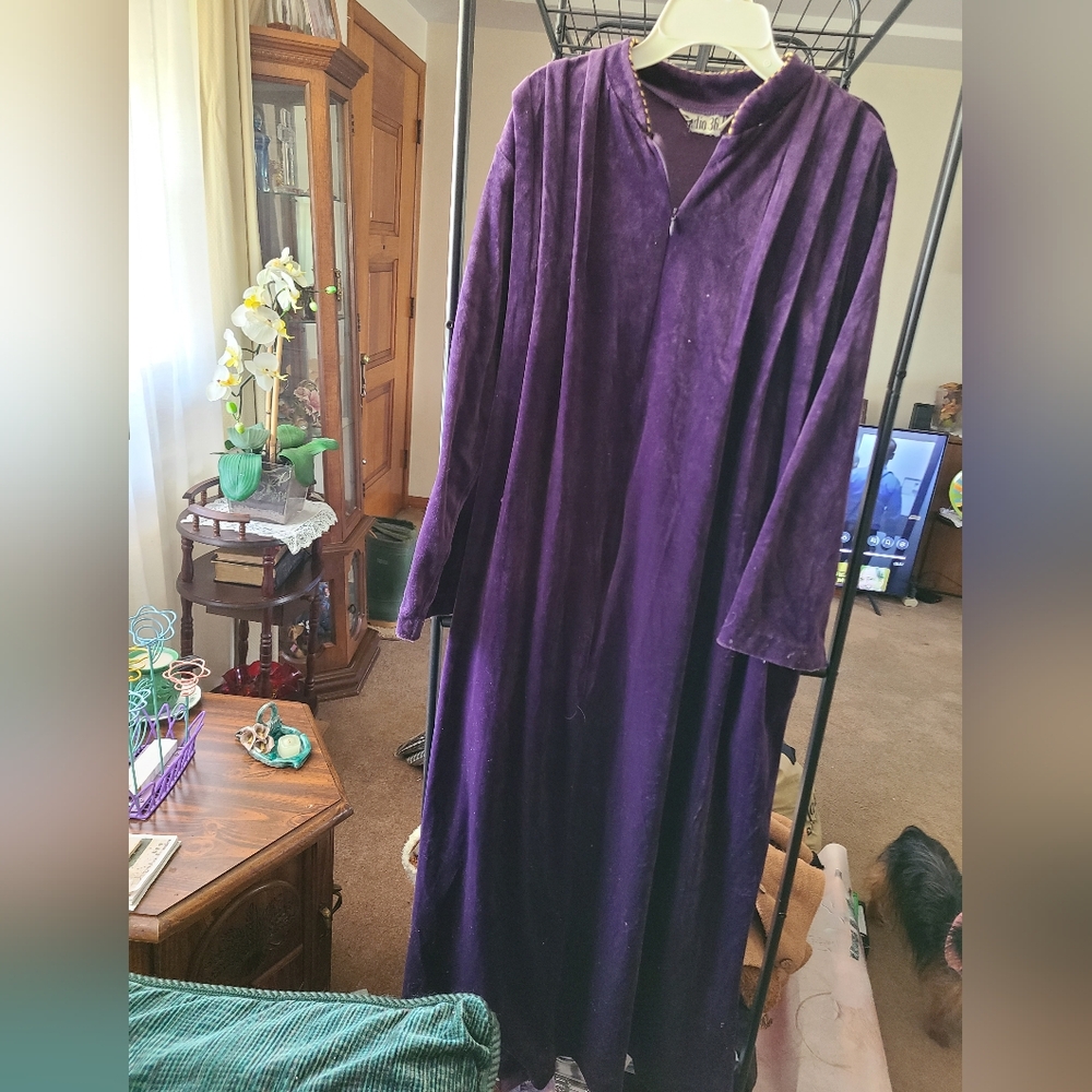 Vintage Studio 36 Women Robe House Coat 1/2 Zip Purple Velvet Velour Pockets